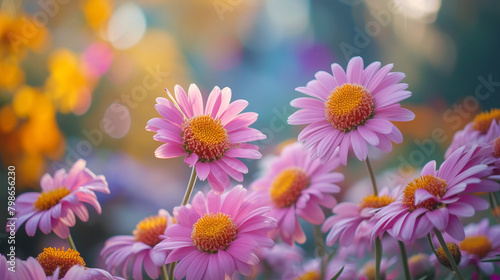 Close-up photo of pink daisies. Blurred background