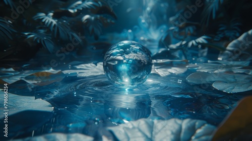  A glass orb hovers above a water body, encompassed by foliage and a cascading waterfall