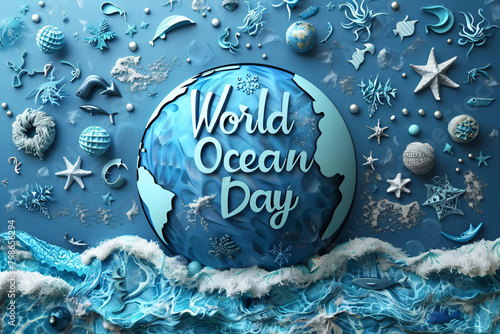 Oceanic Life and Waves Paper Art Design. World Ocean Day concept for celebration and ocean conservation awareness photo