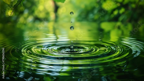   A tight shot of a water droplet, with a tree in the backdrop and a green, leafy foreground © Jevjenijs
