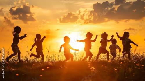 A silhouette of a multicultural group of children playing in an open field  with the setting sun behind them