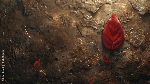   A red leaf, tightly focused, clings to a rock wall A red flower sits adjacent and visibly closer to the left side of the frame photo