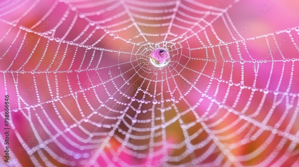   A tight shot of a spider web, adorned with dewdrops in its heart