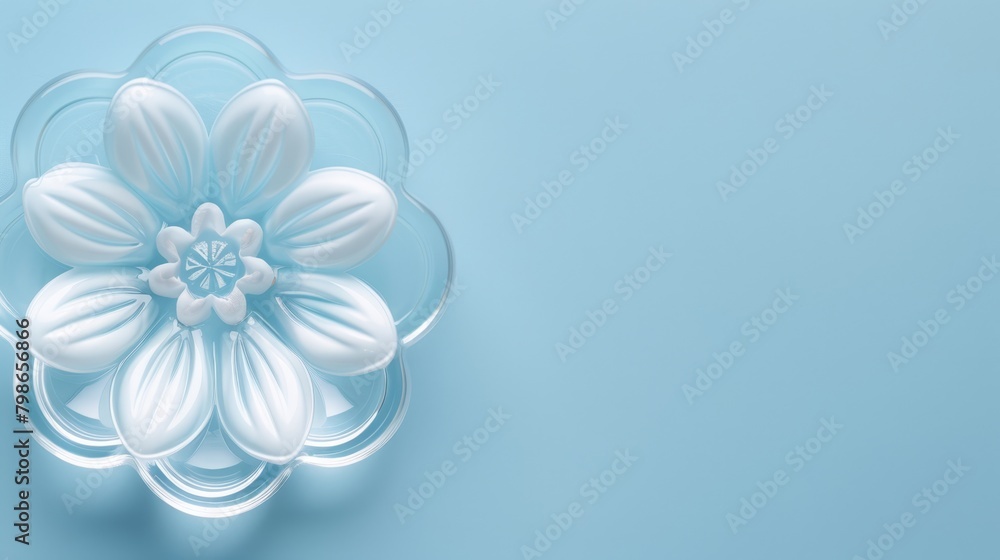 A white flower against a blue backdrop, with a gentle light reflection in the flower's center The flower's center is distinctly highlighted by this reflection A white flower against a blue backdrop, with a gentle light reflection in the flower's center The flower's center is distinctly highlighted by this reflection