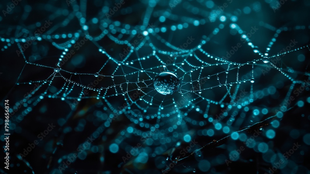 A tight shot of a spider web featuring dewdrops at its heart A tight shot of a spider web featuring dewdrops at its heart