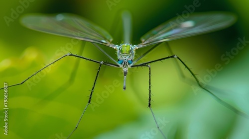   A detailed shot of a mosquito against a verdant backdrop, its legs slightly out of focus © Jevjenijs