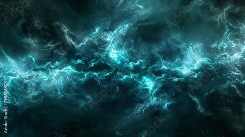   A dark blue and green image of a star-filled space with dust  set against a black backdrop