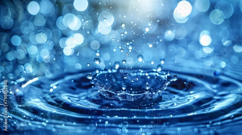  A tight shot of a water droplet, blue halo of light reflecting off background waters