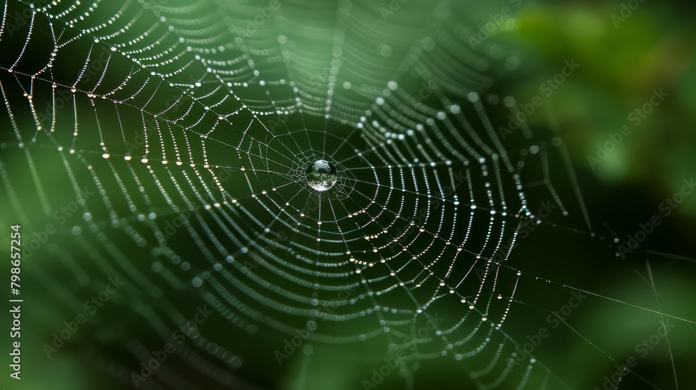   A tight shot of a spider web adorned with water droplets In the backdrop, a hazy assembly of green leaves
