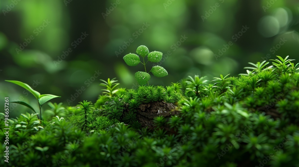 A small green plant atop a lush moss-covered forest, teeming with numerous small green leaves A small green plant atop a lush moss-covered forest, teeming with numerous small green leaves