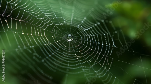  A tight shot of a spider web adorned with water droplets In the backdrop, a hazy assembly of green leaves