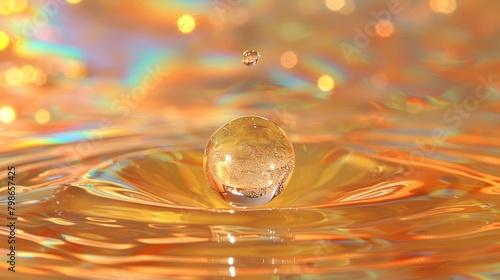  A drop of water atop a vibrant yellow and orange liquid, teeming with varied bubble shapes and sizes