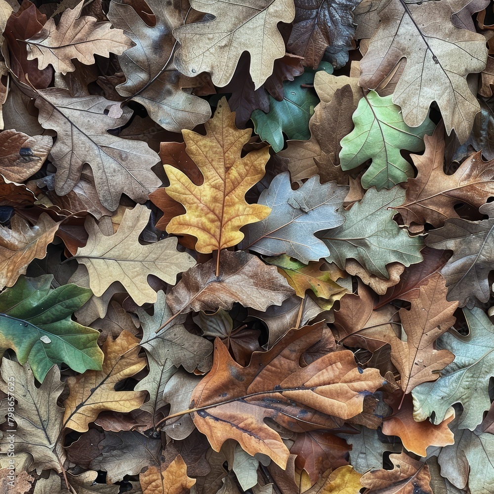   A collection of leaves on the ground with a cell phone among them, atop one leaf