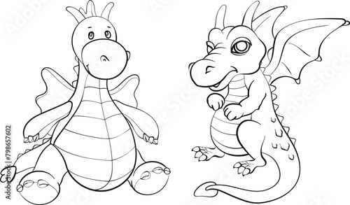 Two dragons set. Funny fantasy characters, isolated on white background. Black and white. Vector cartoon illustration.