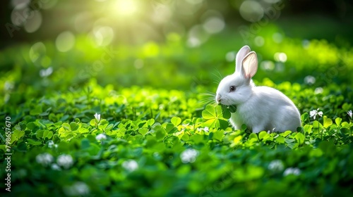  A white rabbit sits in a lush green field among clover, basking in sunlight