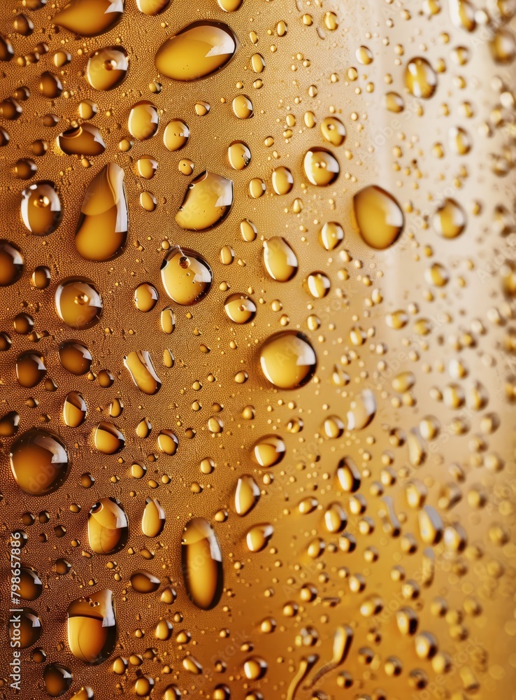 A tight shot of water droplets on a beer bottle against a dark brown background A tight shot of water droplets on a beer bottle against a dark brown background