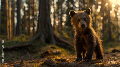  A small brown bear stands atop a forest floor amidst a forest teeming with tall trees