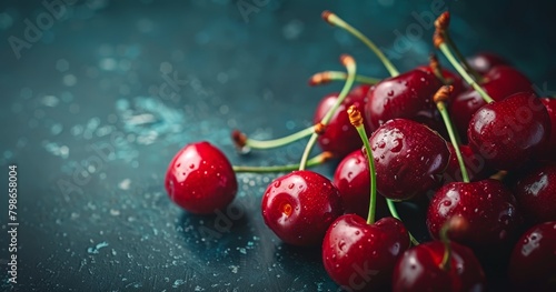  A tight shot of cherries, their glossy surfaces dotted with water droplets, on a table