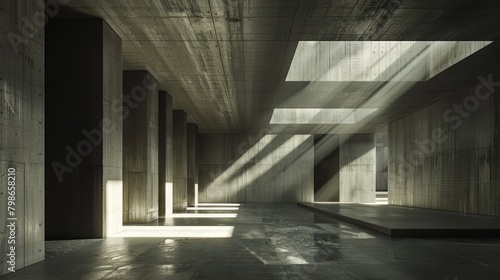  The sun illuminates the room via concrete-walled building's windows, featuring a lengthy bench in its midst