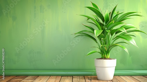  A potted plant on a wooden floor, facing a green wall with identical wood and foliage behind it