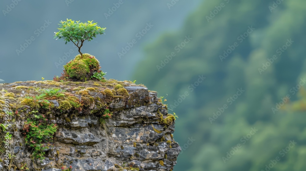 A small tree atop a rock, moss covering its sides and crown A small tree atop a rock, moss covering its sides and crown