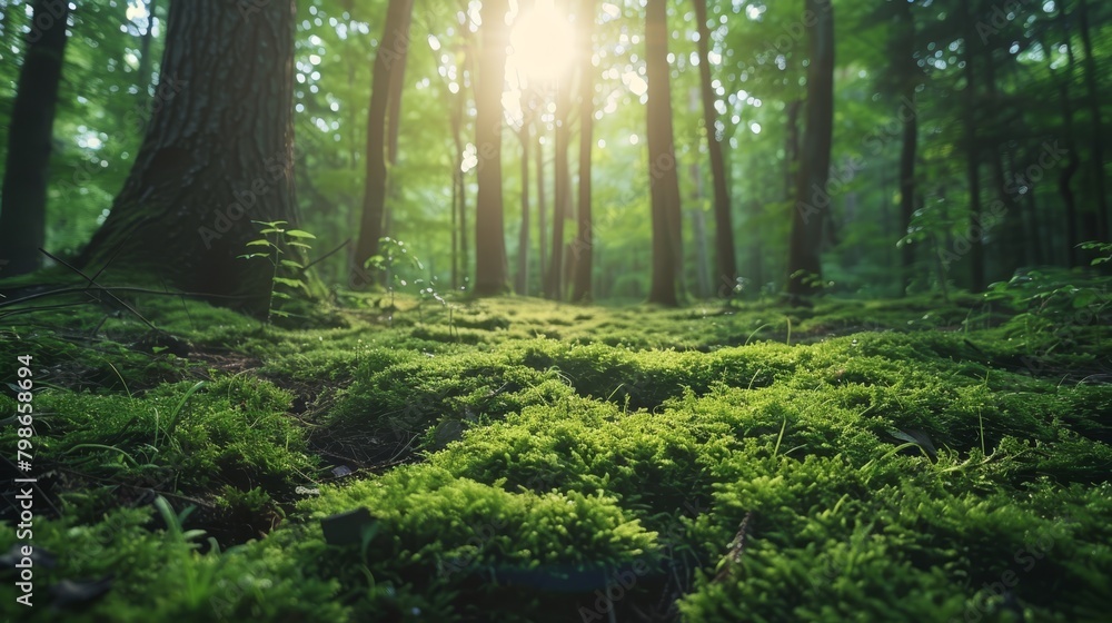   The sun filters through the forest, casting light upon green moss growing on the tree-covered ground