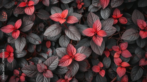   A tight shot of red and black leaves clustered on a plant  bearing red and green foliage