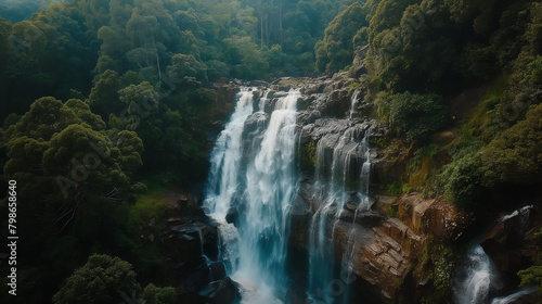 A waterfall in a forest. The waterfall is cascading over a cliff into a pool of water, with a small waterfall to the left. 