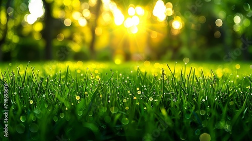   The sun illuminates the background of a grassy expanse, where trees allow its rays to filter through Dewdrops ornament the blades of grass below photo
