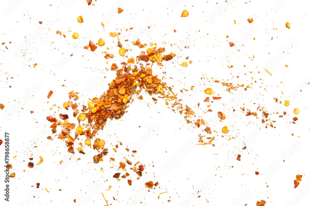 dried red chili pepper flakes and seeds isolated on white background dried red chili pepper flakes and seeds isolated on white background