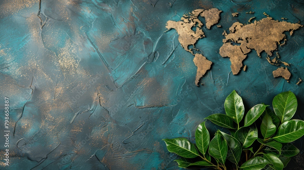   A green plant sits before a blue wall, adjacent to a sideways map of the world