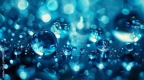   A cluster of water droplets hovering above a vast blue expanse  brimming with numerous droplets