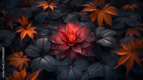  A red bloom rests amidst greenery - green and red leaves - against a black backdrop
