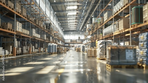 Indoor view of industrial warehouse with high shelves storing goods.