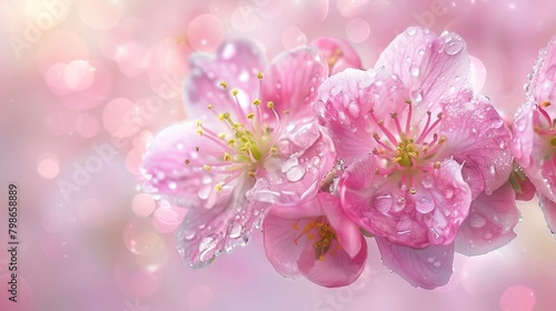  A tight shot of pink blossoms, adorned with water beads on their petals, against a softly blurred backdrop of pink light