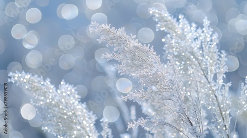   A tight shot of a plant adorned with snowflakes on its stems  backdrop of indistinctive lights