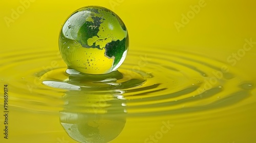   A drop of water  featuring an image of Earth at its core  rests against a yellow backdrop