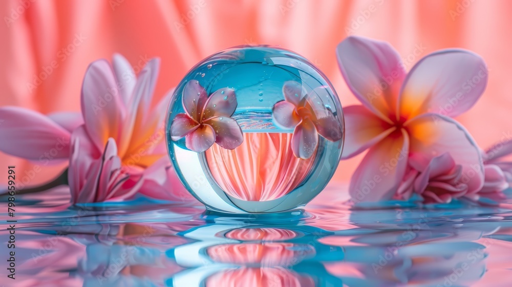 A glass vase holds a single flower against a reflective surface Pink and white blossoms populate the background A glass vase holds a single flower against a reflective surface Pink and white blossoms populate the background
