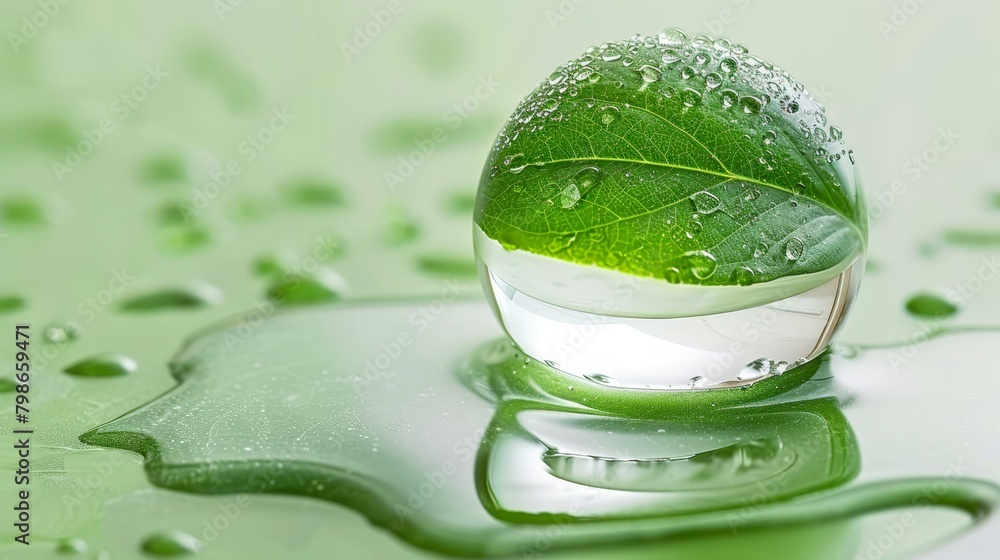A tight shot of a submerged green leaf in a bowl, with a solitary water droplet atop it A tight shot of a submerged green leaf in a bowl, with a solitary water droplet atop it
