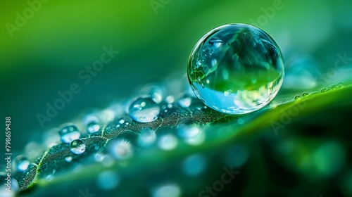  A drop of water rests atop a leaf, with additional droplets forming both above and below