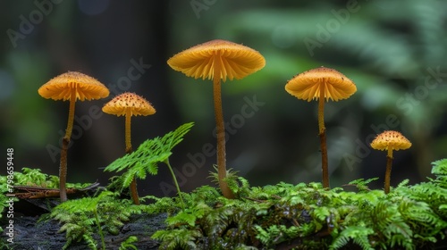 A cluster of tiny yellow mushrooms atop a moss-laden forest floor, near a mound of verdant plants
