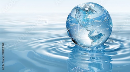  An image of Earth submerged in water, with a solitary droplet resting atop its surface, and the mirror-like reflection of the terrestrial sphere beneath