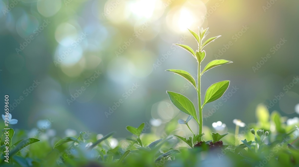 A young plant emerges from the ground amidst a sea of grass Sunlight filters through the trees in the backdrop A young plant emerges from the ground amidst a sea of grass Sunlight filters through the trees in the backdrop