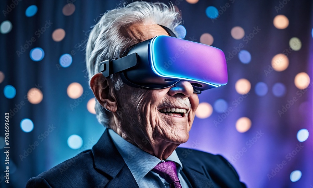 A portrait of excited old man wear futuristic design vr glasses, LED light background A portrait of excited old man wear futuristic design vr glasses, LED light background