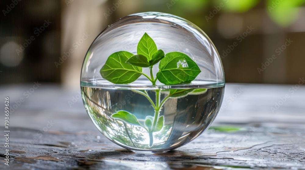A glass bowl holds water, hosting a plant that grows upward from its center on the table A glass bowl holds water, hosting a plant that grows upward from its center on the table