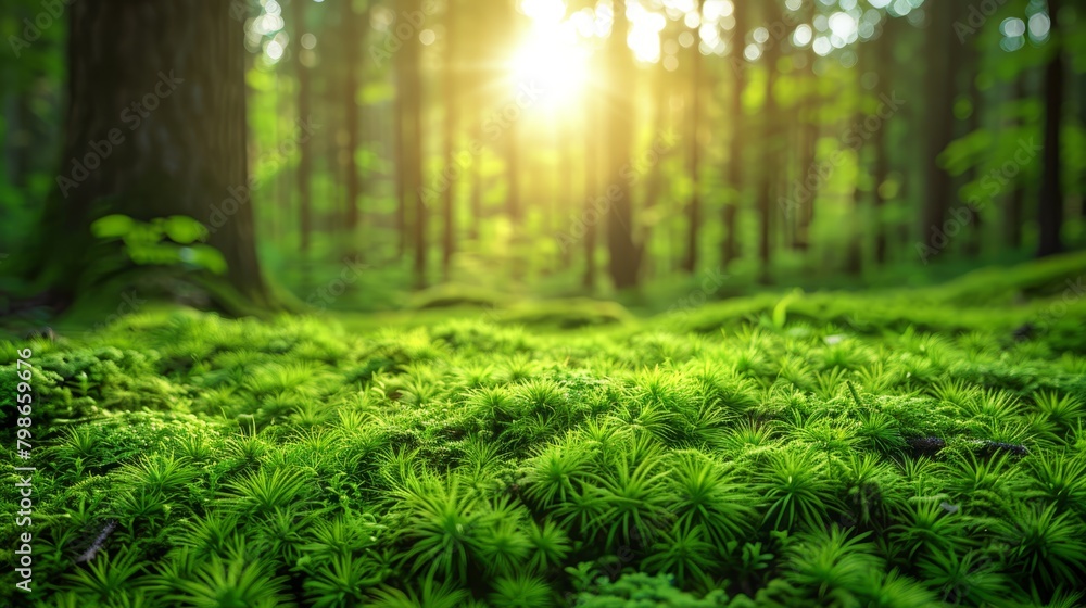   The sun illuminates the forest, casting light through trees and painting the ground with a lush expanse of green grass and ferns