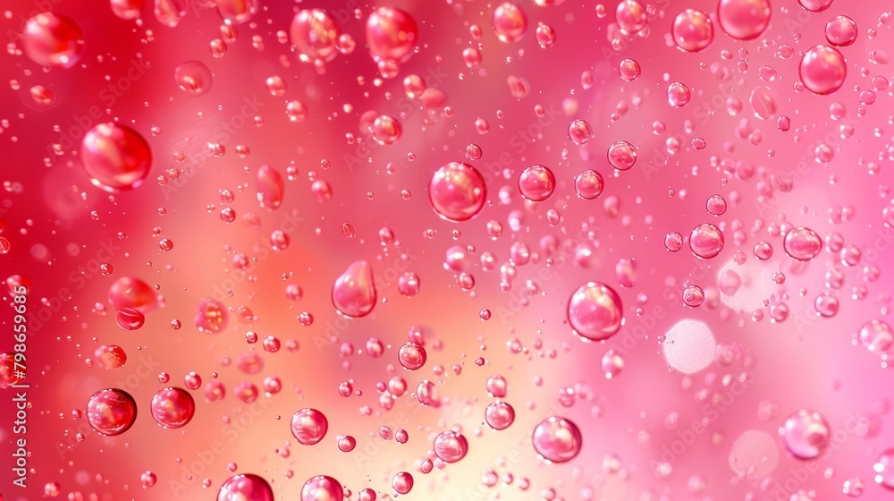 A tight shot of water droplets against a pink and red backdrop, subtly blurred tree form visible behind A tight shot of water droplets against a pink and red backdrop, subtly blurred tree form visible behind