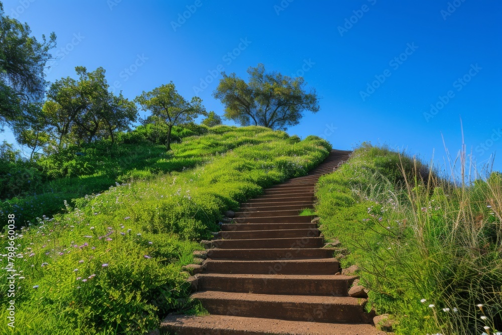 Idyllic Nature Trail Wooden Stairs Winding Through Vibrant Green Landscape Under Blue Sky Idyllic Nature Trail Wooden Stairs Winding Through Vibrant Green Landscape Under Blue Sky