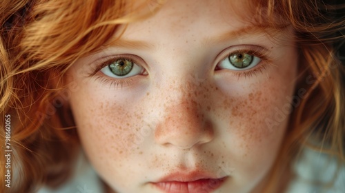 Serious incredulous, distrustful, mistrustful, shy, trustless, afraid or scared redhead five year old little girl with freckles and beautiful eyes close up portrait photo