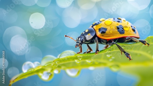   A tight shot of a bug perched on a wet leaf, with water beads on its back and an indistinct background © Jevjenijs
